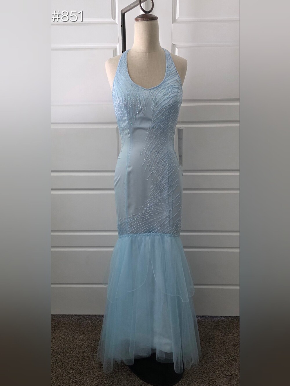 Blue Beaded Halter Mermaid Prom Dress